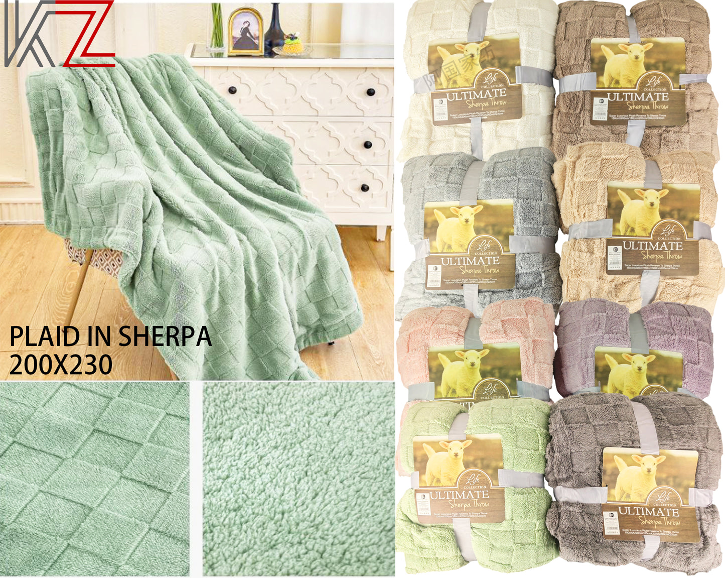 PLAID IN MORBIDA E CALDA FLANELLA CORAL CON LANA VERDE 200X230